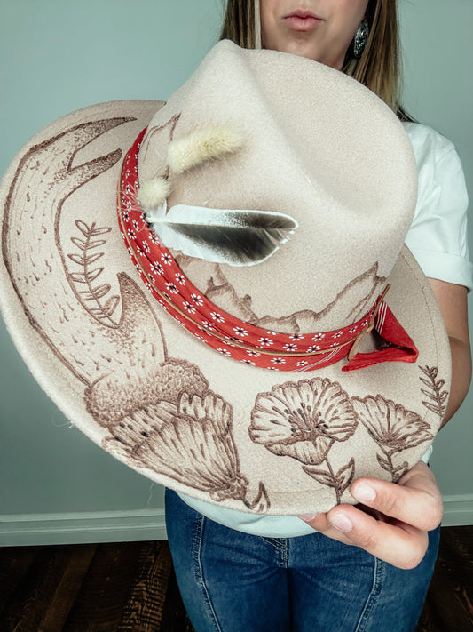 Western Burned Wide Brim Fedora Hat | Flowers, antlers
