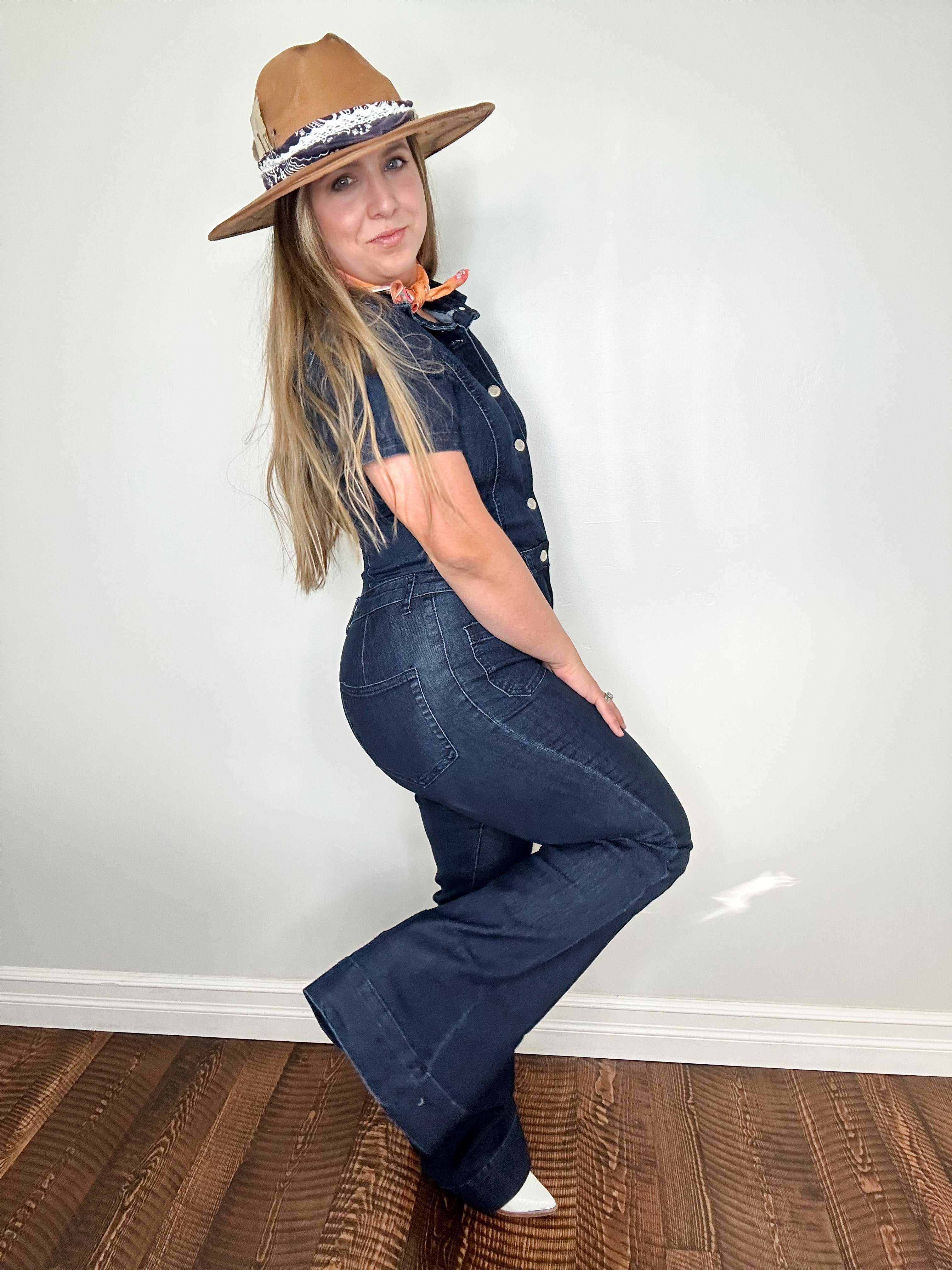 Buy security Women's Half Sleeve Button-Down Pencil Denim Bell Bottom  Jumpsuit Jeans 1 M at Amazon.in