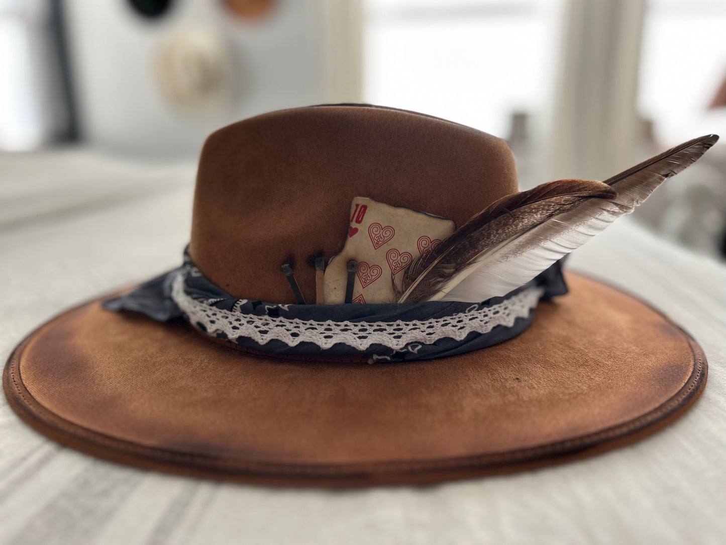 Burned Western Fedora Hat | matches, playing card, floral
