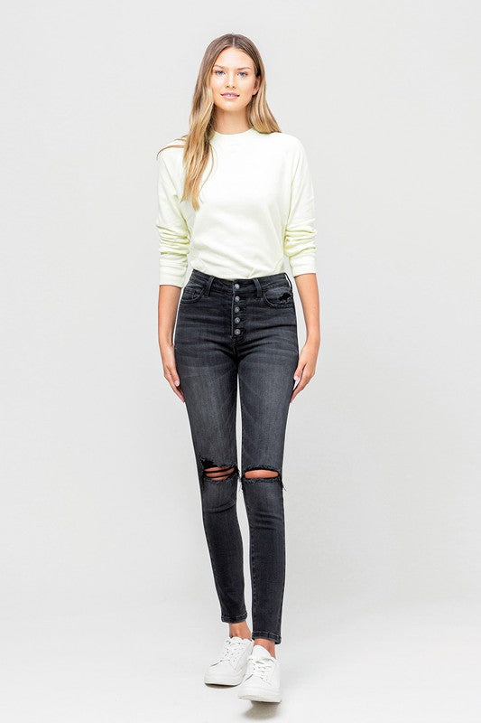 High Rise Distressed Button Fly Ankle Skinny Jeans