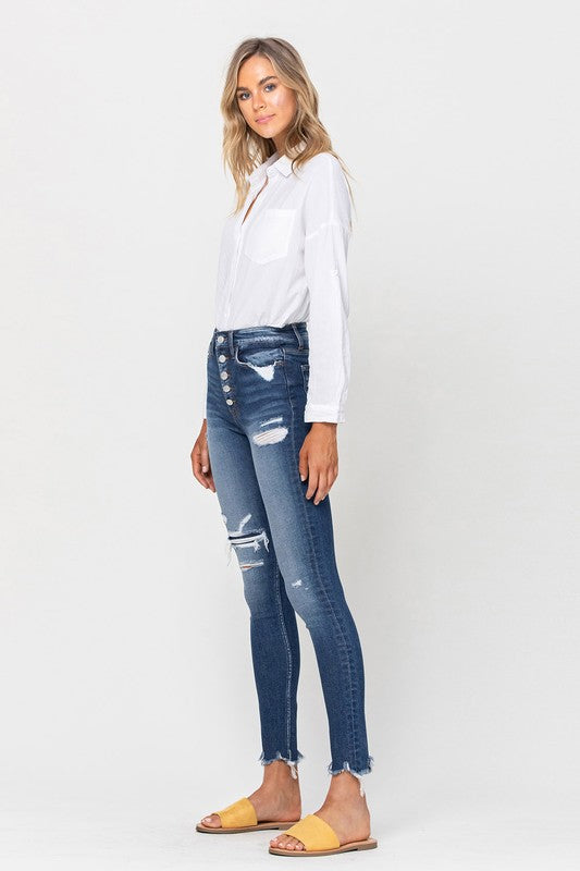 High Rise Button Up Raw Hem Skinny Jeans