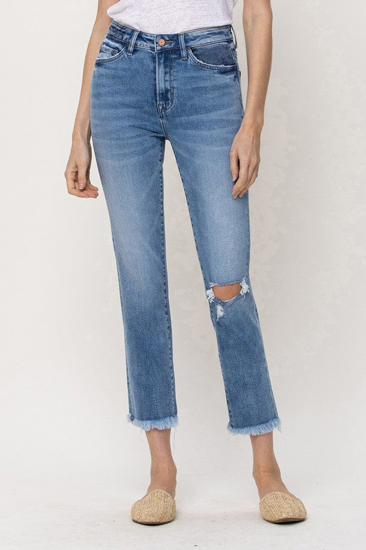 Distressed Frey Hem Crop Straight Jeans
