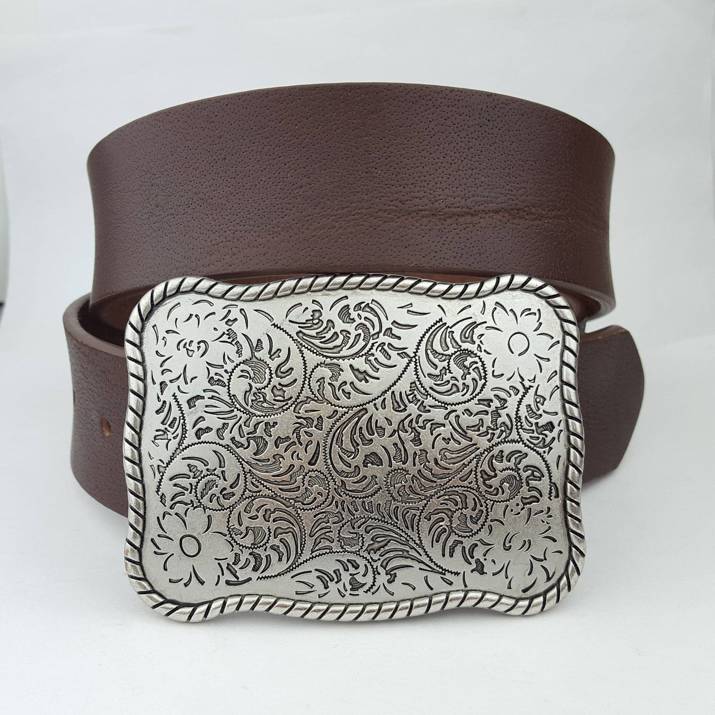 Brown Genuine Leather belt w/ Western Etched Floral Plaque Buckle