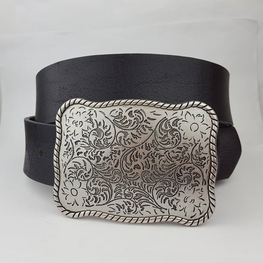 Black Genuine Leather belt w/ Western Etched Floral Plaque Buckle