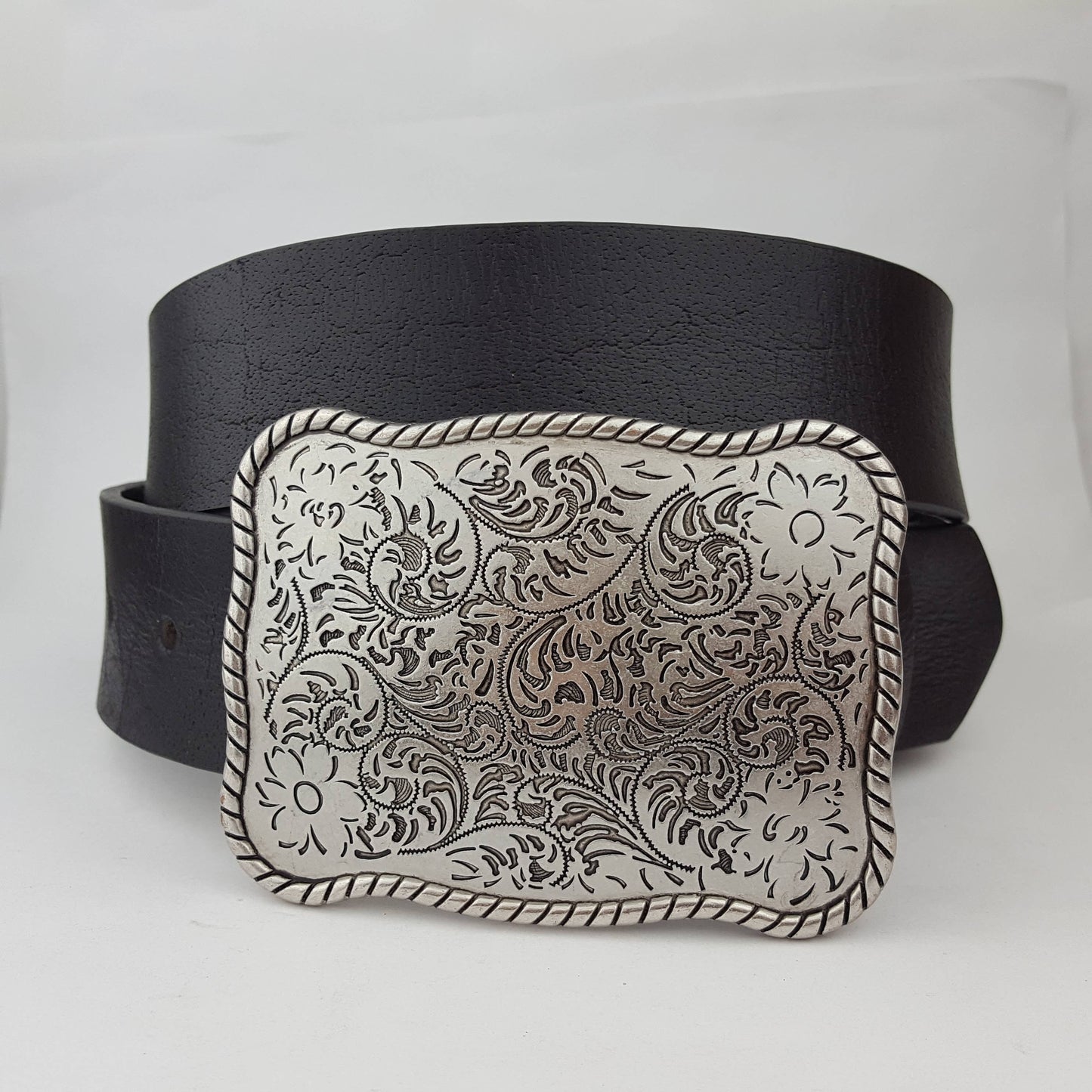 Black Genuine Leather belt w/ Western Etched Floral Plaque Buckle