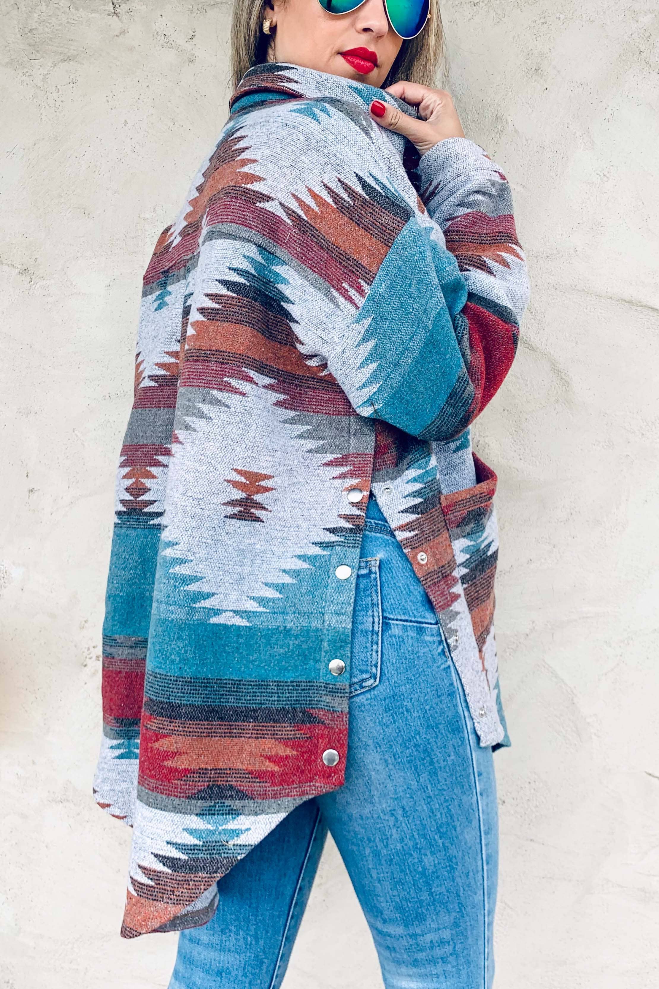 Side Button Aztec Shacket - Long