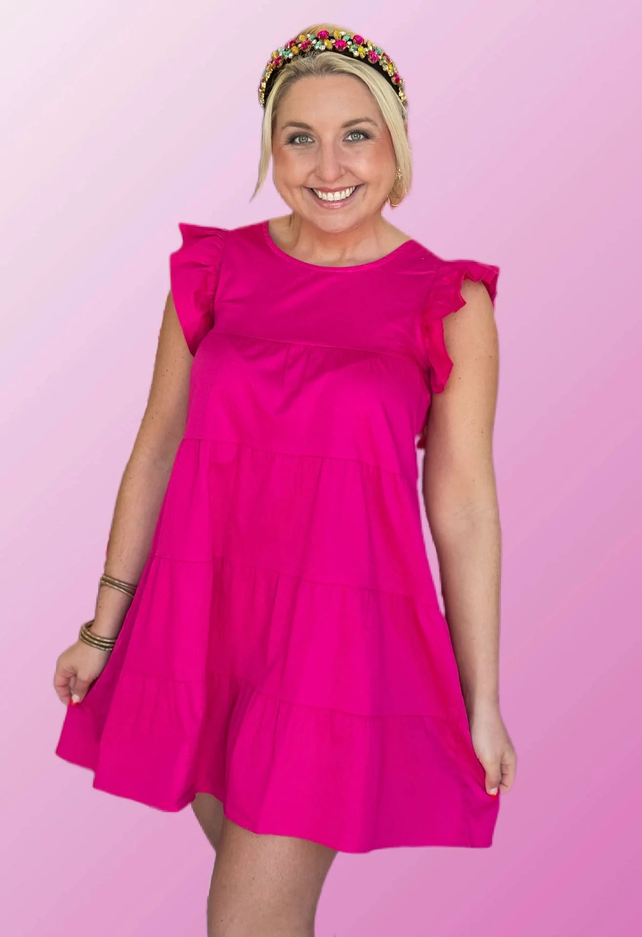 sweet ideas ruffle dress, hot pink