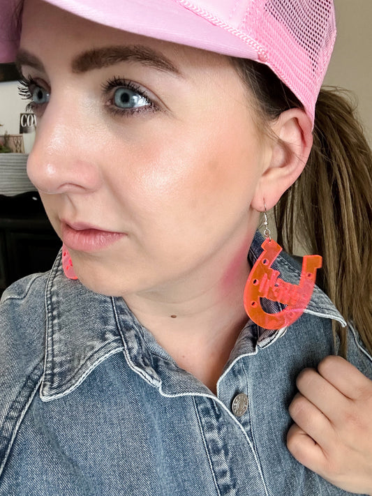 Hell Naw Neon Pink Horseshoe Earrings