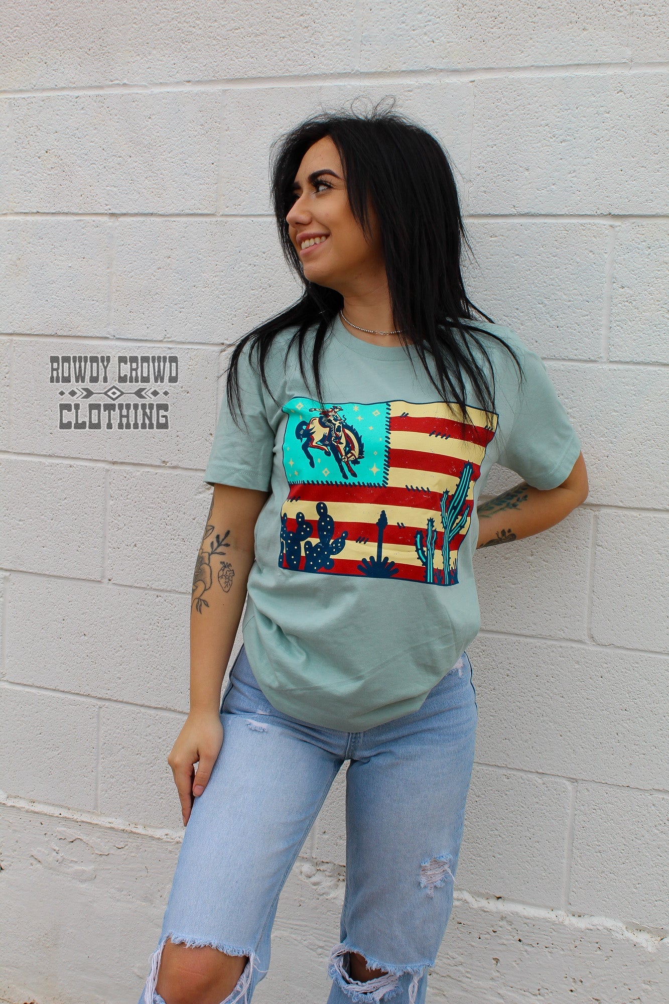 Americana, bronc, American flag, graphic top, tee, western, wholesale clothing.
