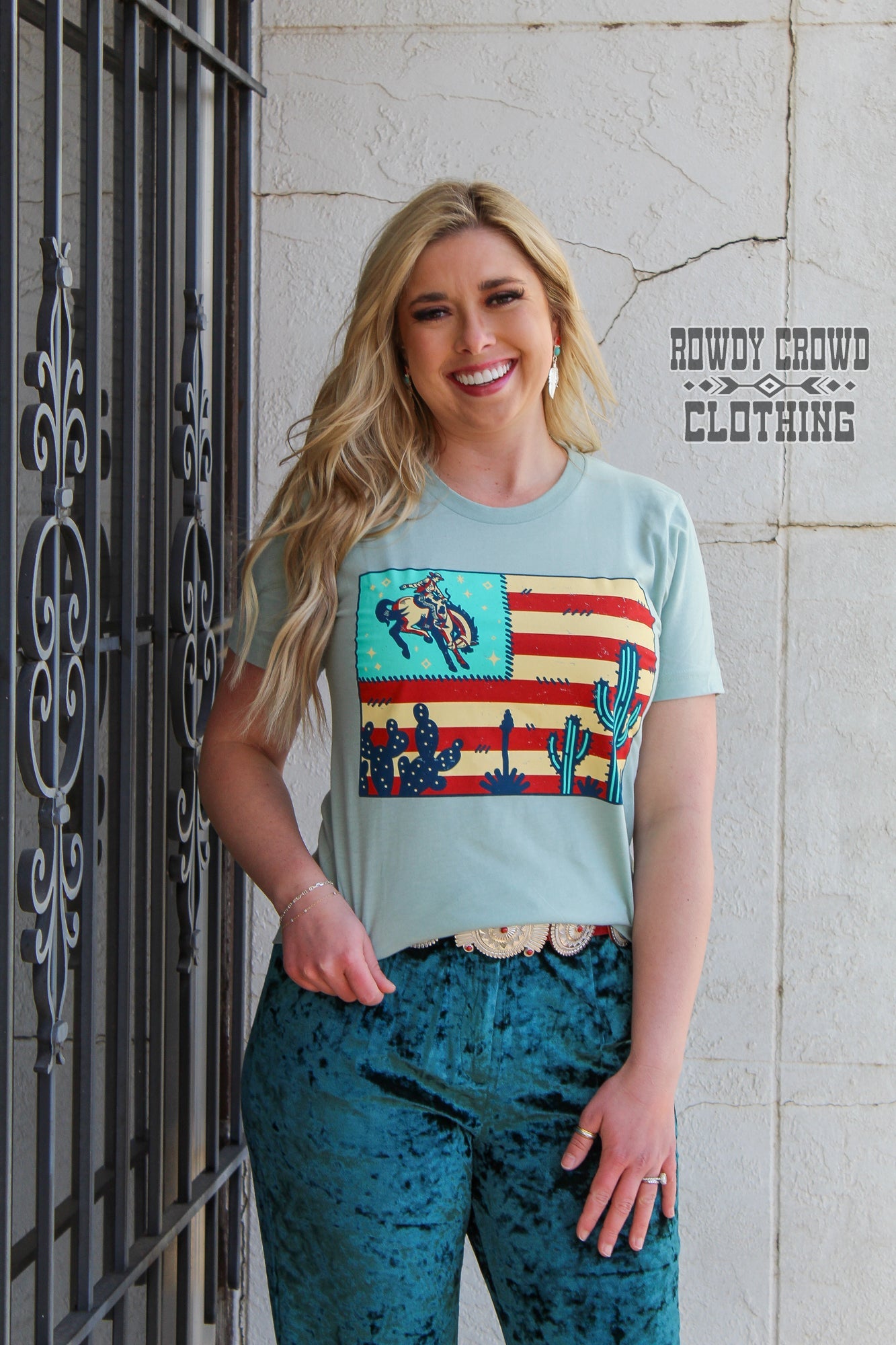 Americana, bronc, American flag, graphic top, tee, western, wholesale clothing.