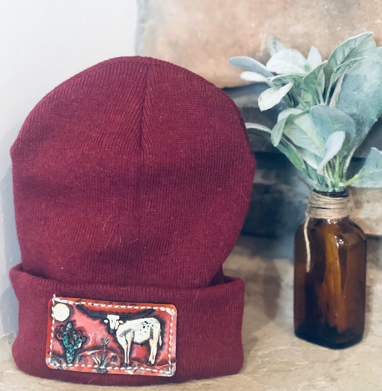 Longhorn Leather Patch Beanie