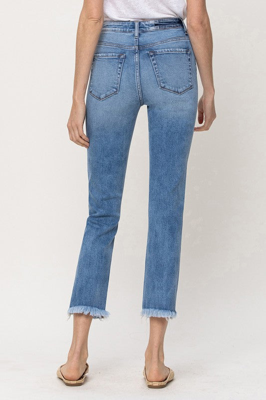 Distressed Frey Hem Crop Straight Jeans