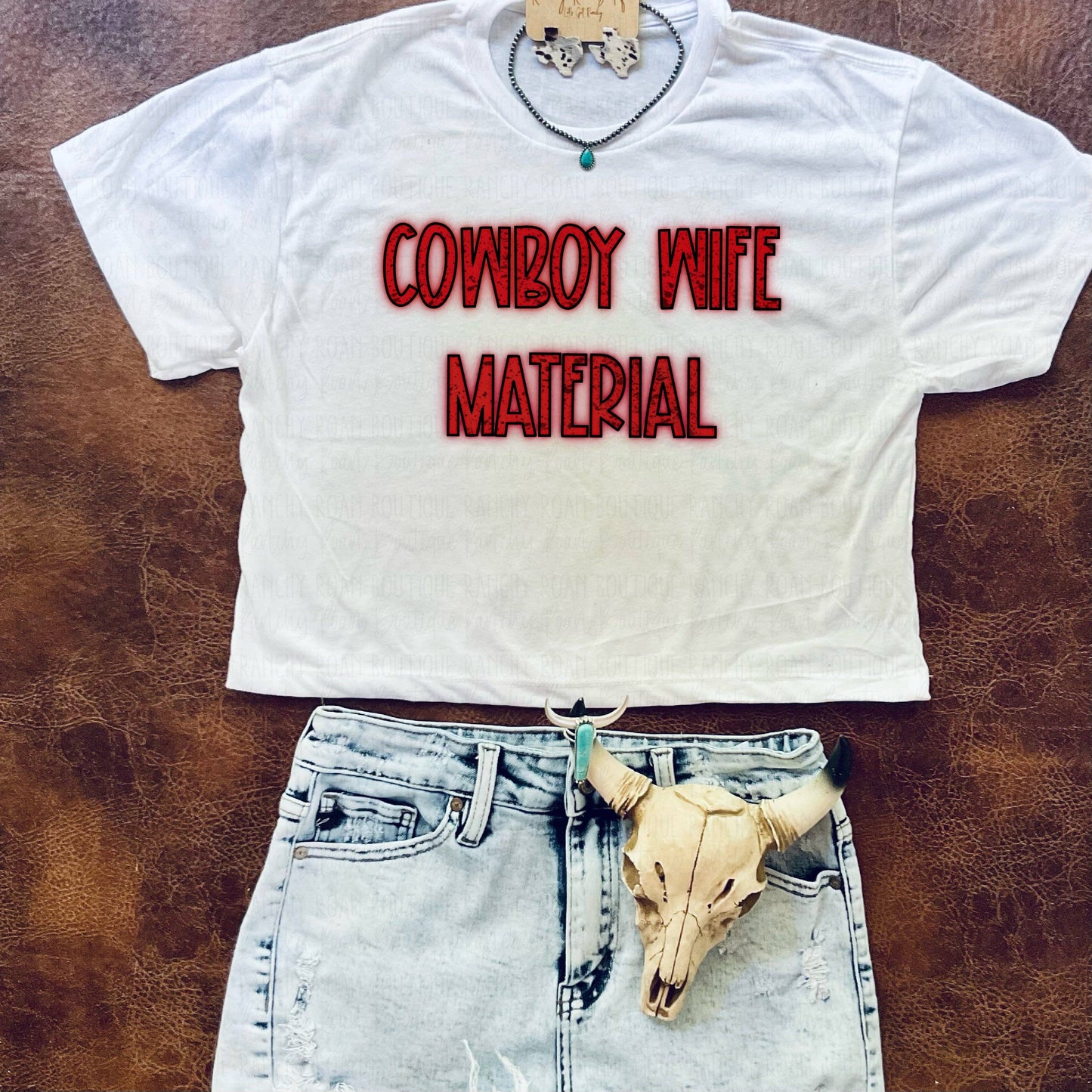 Red Neon Cowboy Wife Material Cropped Tee